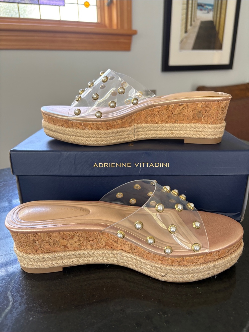 Adrienne Vittadini Clear PVC Platform Sandals with Gold Pearl Studs